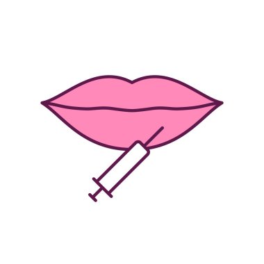 Dudak büyütme RGB renk simgesi. Deri dolguları. Yüz estetiği değişiklikleri. Dolgunlaşıyor, dolgun dudaklar. Güzellik prosedürü. Doğal görünen bir sonuç. Estetik ameliyat seçeneği. İzole vektör illüstrasyonu