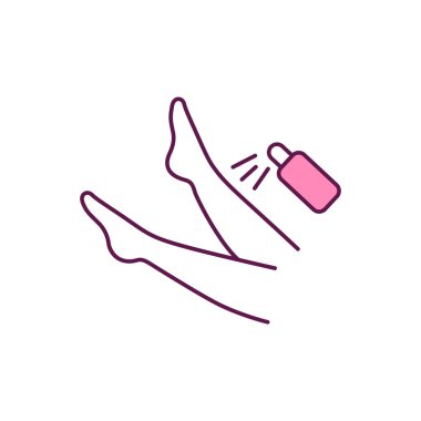 Bacaklar için losyon RGB renk simgesi. Bronzlaşma. Cilt görünümünü düzeltiyorum. Nemlendirici ve güneş kremi sürüyorum. Açık tenli, koyu tenli. Ev yapımı ilaçlar. Cilt bakımı rutini. İzole vektör illüstrasyonu