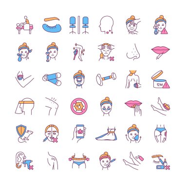Cilt bakımı rutin RGB renk simgeleri oluşturuluyor. Vücut masajı. Hücre yenilenmesi. Deri dökücü. Yaşlanma karşıtı prosedür. Selülit azalıyor. Kişisel koruyucu ekipman. İzole vektör çizimleri