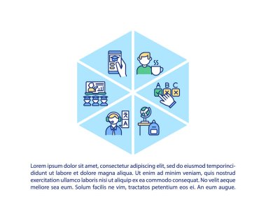 Çevrimiçi öğretim ipuçları konsepti simgesi ile metin. Mesafe öğrenme. Çağdaş eğitim. PPT sayfa vektör şablonu. Broşür, dergi, kitapçık tasarım ögesi doğrusal çizimler