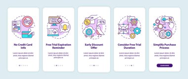Ücretsiz SaaS deneme pazarlama ipuçları konseptli mobil uygulama sayfası ekranında. Kredi bilgisi yok, indirimli 5 adımlık grafik talimatları gözden geçirin. RGB renk resimleriyle UI vektör şablonu