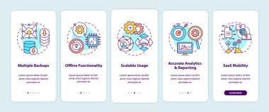 SaaS profesyonelleri konseptlerle mobil uygulama sayfası ekranında. Çoklu yedekler, doğru analizler, hareket kabiliyeti 5 adım grafik talimatlar. RGB renk resimleriyle UI vektör şablonu
