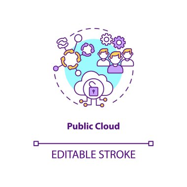 Kamu bulut konsepti ikonu. SaaS dağıtım modeli fikri ince çizgi çizimi. Bulut kaynakları sağlanıyor. Test, gelişim ortamları. Vektör izole edilmiş RGB renk çizimi. Düzenlenebilir vuruş