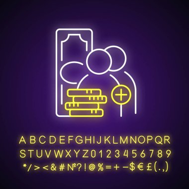 Arkadaş-tanıtım programı neon ışık simgesi. Sevk programı. İkramiye, kazanç. Ödül kartı. Dış ışıltı etkisi. Alfabe, sayılar ve sembollerle imzala. Vektör izole edilmiş RGB renk çizimi