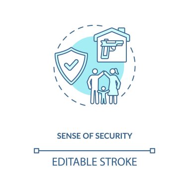 Güvenlik turkuaz konsept ikonu. Aile güvenliği. Mülk koruması. Silah hakkı, silah yönetmeliği fikri ince çizgi çizimi. Vektör izole edilmiş RGB renk çizimi. Düzenlenebilir vuruş