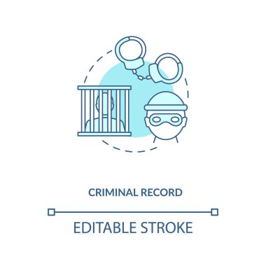 Suç rekoru turkuaz konsept ikonu. Tehlikeli bir şüpheli. Kanun yönetmeliği. Polis raporu. Silah kontrolü fikri ince çizgi çizimi. Vektör izole edilmiş RGB renk çizimi. Düzenlenebilir vuruş