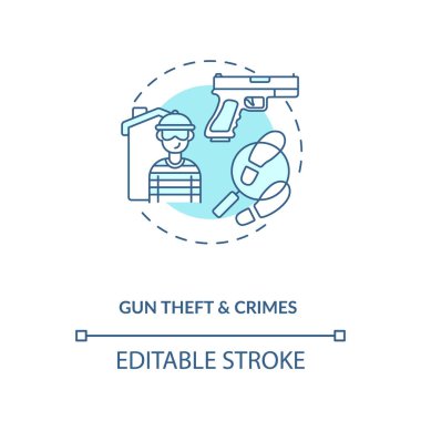 Silah hırsızlığı ve turkuaz konsept ikonu. Ateşli silah soygunu. Silahla saldırı. Sabıka kaydı. Silah şiddeti fikri ince çizgi çizimi. Vektör izole edilmiş RGB renk çizimi. Düzenlenebilir vuruş