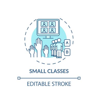 Küçük sınıf konsept simgesi. Çevrimiçi özel ders faydaları. Öğrencilerin bilgi edinmeleri için küçük öğrenme alanları ince çizgi çizimleri. Vektör izole edilmiş RGB renk çizimi. Düzenlenebilir vuruş