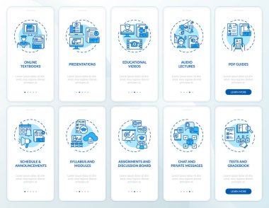 Çevrimiçi öğretmenlik mobil uygulama sayfası ekranında kavramları ayarlanmış. Çevrimiçi öğretim ipuçları 10 aşamalı grafik talimatları gözden geçirir. RGB renk resimleriyle UI vektör şablonu