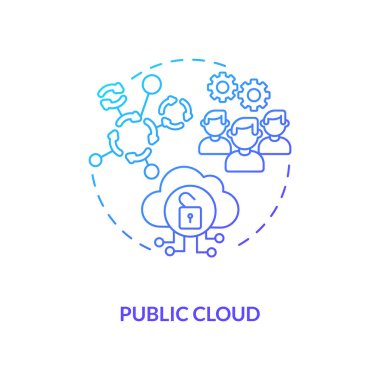 Kamu bulut konsepti ikonu. SaaS dağıtım modeli fikri ince çizgi çizimi. Bulut kaynakları sağlanıyor. Diğer organizasyonlarla ağ aygıtları paylaşılıyor. Vektör izole edilmiş RGB renk çizimi