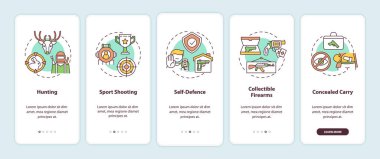 Mobil uygulama sayfası ekranında konseptli hobi için silahlar. Nefsi müdafaa. Silah kontrol 5 aşamalı grafiksel talimatlar. RGB renk resimleriyle UI vektör şablonu