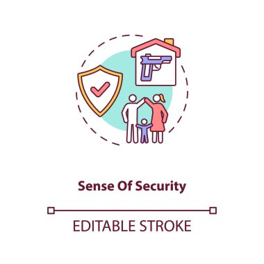 Güvenlik konsepti ikonu hissi. Aile güvenliği. Mülk koruması. Silah sağa, silah ve düzenleme kontrol fikri ince çizgi çizimi. Vektör izole edilmiş RGB renk çizimi. Düzenlenebilir vuruş