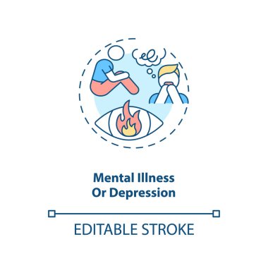 Akıl hastalığı ya da depresyon konsepti ikonu. Endişe ve stres. Psikoterapi ve psikoterapi fikri ince çizgili. Vektör izole edilmiş RGB renk çizimi. Düzenlenebilir vuruş