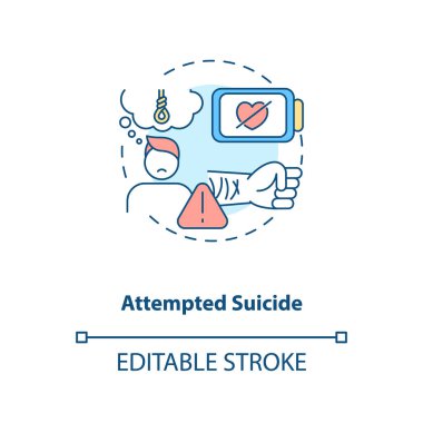 İntihar konsepti ikonu. Psikolojik travma, acı. Kendi kendine zarar vermiş. Zihinsel sağlık sorunu fikri ince çizgi çizimi. Vektör izole edilmiş RGB renk çizimi. Düzenlenebilir vuruş