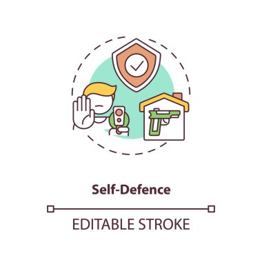 Savunma konsepti ikonu. Güvenlik için silahlı bir sivil. Özel mülkü korumak için ateşli silah. Silah kontrolü fikri ince çizgi çizimi. Vektör izole edilmiş RGB renk çizimi. Düzenlenebilir vuruş