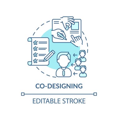 Konsept ikonu ortak tasarım. Ortak yaratım fikri ince çizgi çizimi. Yoğun fikir ve tasarım oturumu. İşbirlikçi yaklaşım. Vektör izole edilmiş RGB renk çizimi. Düzenlenebilir vuruş