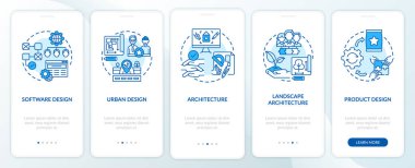 Mobil uygulama sayfa ekranında konseptlerle birlikte ortak tasarım alanları. Program, kentsel tasarım 5 aşamalı grafik talimatlar. RGB renk resimleriyle UI vektör şablonu