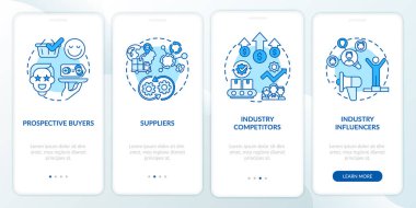 Mobil uygulama sayfası ekranında kavramlarla birlikte oluşturulan katılımcılar. Potansiyel alıcılar, nüfuzlu kişiler 4 aşamalı grafik talimatları gözden geçiriyorlar. RGB renk resimleriyle UI vektör şablonu