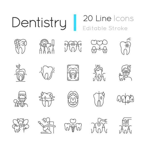 Conjunto Iconos Lineales Estomatológicos Profesionales Procedimientos Dentales Tratamiento Caries Ortodoncia — Archivo Imágenes Vectoriales
