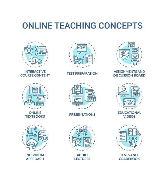Online Pedagogik Koncept Ikoner Som Interaktivt Kursinnehåll Online Lärande Läroböcker — Stock vektor