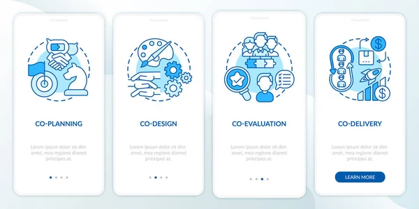 Elementy Koprodukcji Ekranie Strony Aplikacji Mobilnej Koncepcjami Współplanowanie Współprojektowanie Współocena — Wektor stockowy