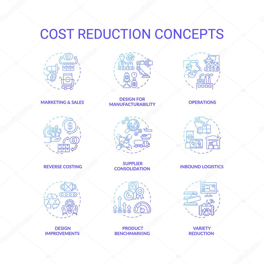 Cost reduction blue gradient concept icons set. Company optimization idea thin line RGB color illustrations. Business process optimization. Vector isolated outline drawings. Cost-saving strategy