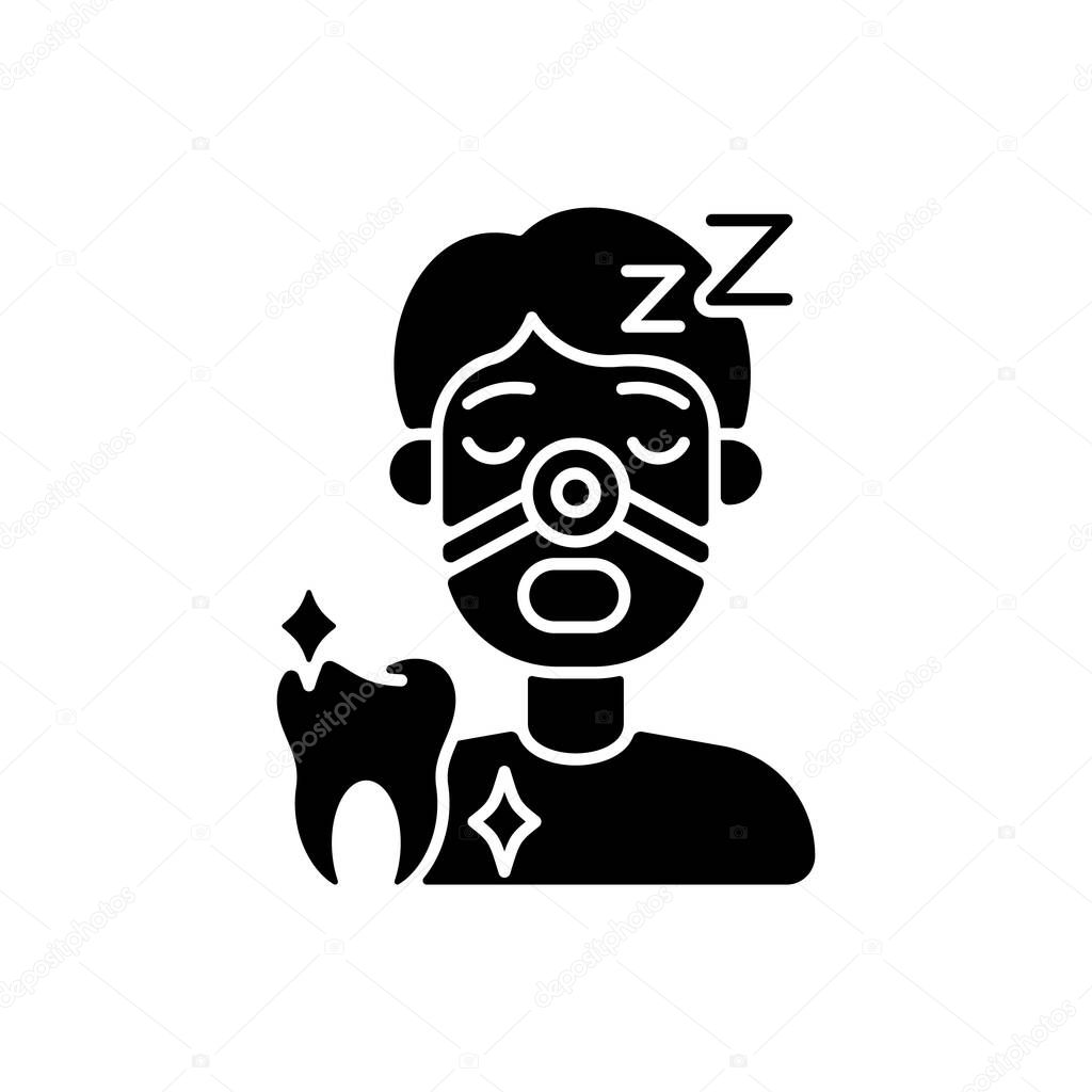 Sleeping dentistry black glyph icon. Stomatology sedation practice. Dental procedures. Instruments for dental treatment. Silhouette symbol on white space. Vector isolated illustration