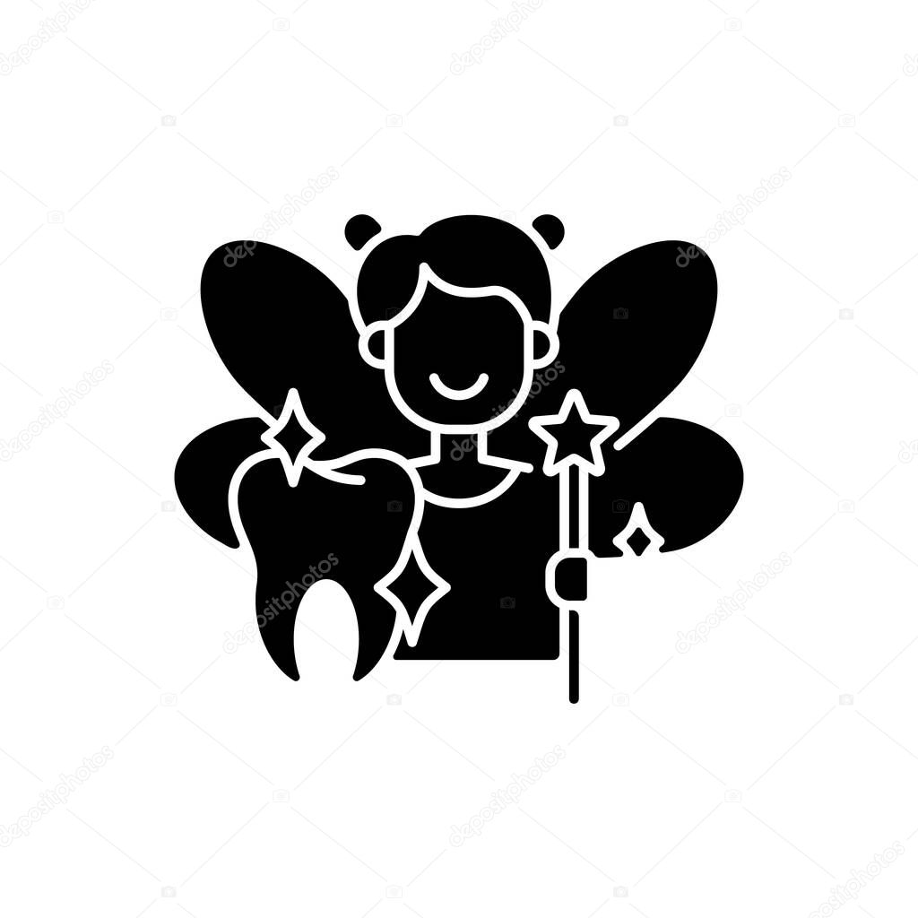 Pediatric dentistry black glyph icon. Painless treatment for dental problems. Happy children with healthy teeth. Cosmetic dentistry. Silhouette symbol on white space. Vector isolated illustration