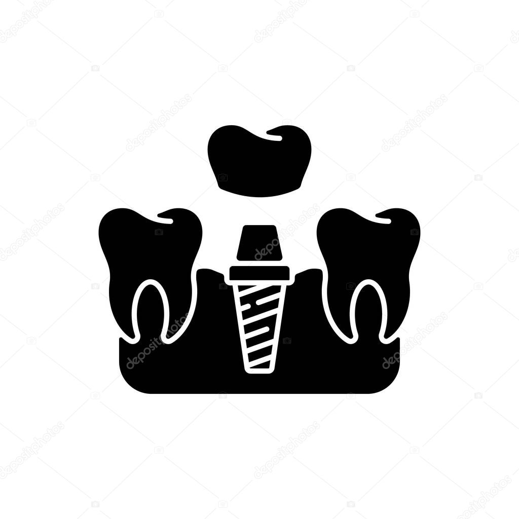 Dental implants procedure black glyph icon. Tooth recovery process. Dental surgety. Proffesional cosmetics stomatology. Silhouette symbol on white space. Vector isolated illustration