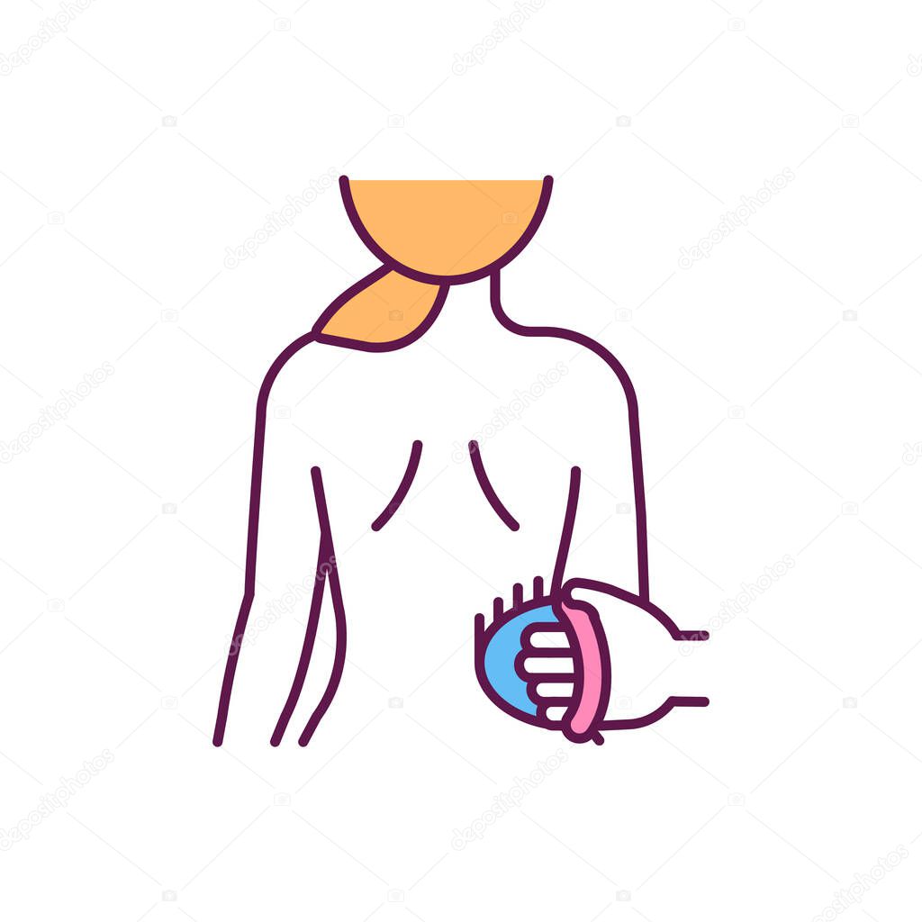 Dry-brushing treatment RGB color icon. Exfoliating skin. Improving skin ability for toxins elimination. Stimulating blood flow. Diminishing cellulite appearance. Isolated vector illustration