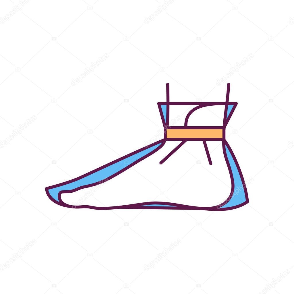 Feet treatment RGB color icon. Pedicure bags for feet. Paraffin wax treatment. Exfoliating scrub. Baby soft skin. Refreshing and removing dead skin cells. Isolated vector illustration