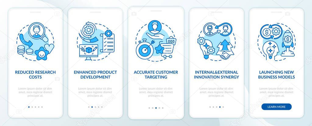 Open innovation pros onboarding mobile app page screen with concepts. Research costs, consumer targeting walkthrough 5 steps graphic instructions. UI vector template with RGB color illustrations