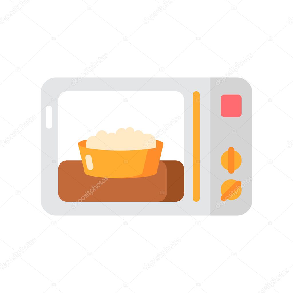 Ready meal vector flat color icon. Microwave food. Heated popcorn in bowl. Meal preparation. Kitchenware utensils. Oven cooking dish. Cartoon style clip art for mobile app. Isolated RGB illustration