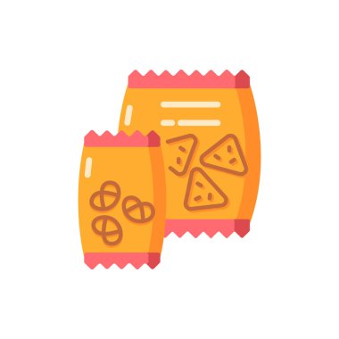 Atıştırmalık vektör düz renk simgesi. Poşette patates cipsi. Tuzlu krakerler. Abur cubur. Pakette gevrek retzel. Yiyecek otomatı. Mobil uygulama için çizgi film klip sanatı. İzole edilmiş RGB illüstrasyonu