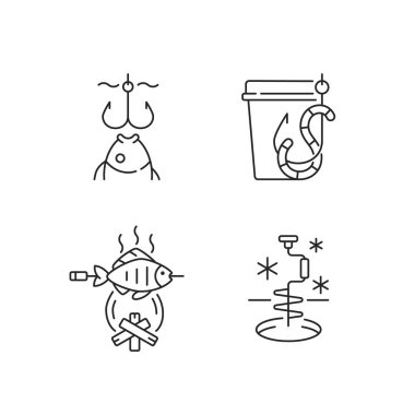 Taze yakalanmış balık doğrusal ikonları pişirme seti. Kışın balık. Canlı yem. Açık hava yemekleri. Deniz ürünleri. Özelleştirilebilir ince çizgi şekilleri. İzole vektör çizimi çizimleri. Düzenlenebilir vuruş