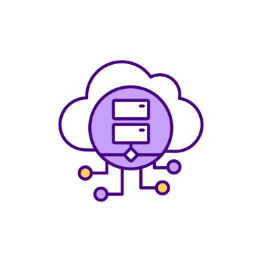 Bulut depolama RGB renk simgesi. Veriler uzak veritabanına kaydediliyor. Dosyalar internette saklanıyor. Mekan dışında. Veri merkezi. Özel ağ bağlantısı üzerinden erişim. İzole vektör illüstrasyonu