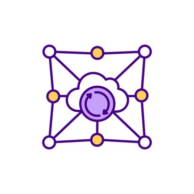 Bulut tabanlı depolama servisi RGB renk simgesi. Bulut hesaplama modeli. Sanal uzay genişlemesi. Veriler internette saklanıyor. Veri depolama altyapısı yönetiliyor. İzole vektör illüstrasyonu