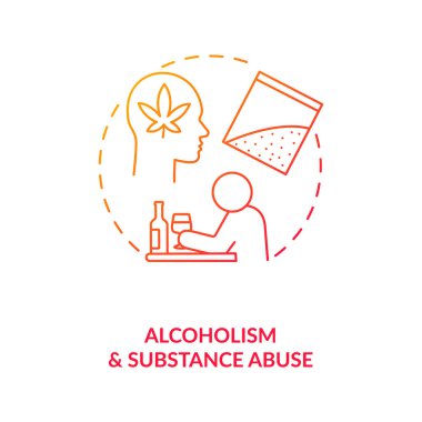 Alkolizm ve madde bağımlılığı kırmızı gradyan konsept ikonu. Uyuşturucu bağımlılığı. Narkotik bağımlılık. Kötü alışkanlık, sağlıksız yaşam tarzı ince çizgi çizimi. Vektör izole edilmiş RGB renk çizimi