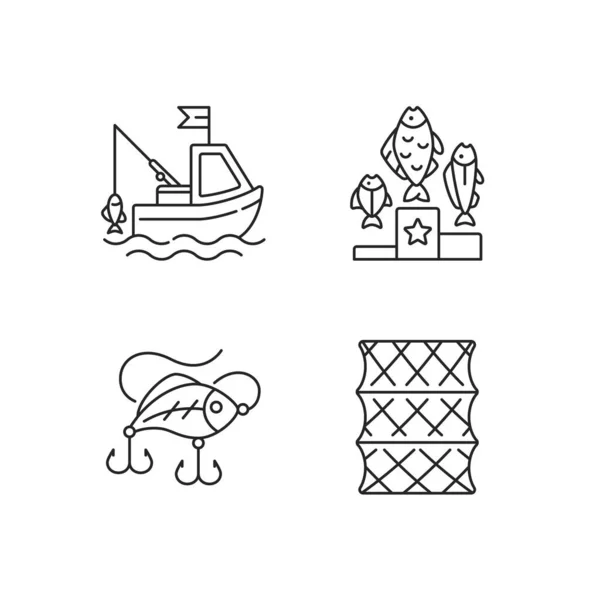 Juego Iconos Lineales Artes Pesca Pesca Barco Pesca Barco Pesca — Archivo Imágenes Vectoriales