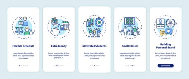 Mobil uygulama sayfası ekranında kavramları olan çevrimiçi öğretim faydaları. Esnek program yürüyüşü. 5 adım grafik talimatlar. RGB renk resimleriyle UI vektör şablonu