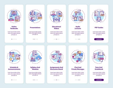 Çevrimiçi öğretmenlik mobil uygulama sayfası ekranında kavramları ayarlanmış. Çevrimiçi dijital kaynaklara 10 aşamalı grafik talimatlar öğretmek. RGB renk resimleriyle UI vektör şablonu
