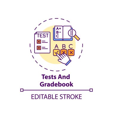 Sınavlar ve not defteri konsepti simgesi. Çevrimiçi kurs yönetim sistemi elemanları. Öğrencilerin ince çizgi çizimleri hakkındaki bilgilerini kontrol etmenin yolu. Vektör izole edilmiş RGB renk çizimi. Düzenlenebilir vuruş