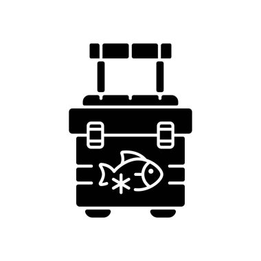 Daha serin siyah kabartma ikonu avlıyorum. Temel balıkçı ekipmanları. Ödül balıklarının korunması. Balık tutma yarışması. Buzdolabında balık var. Beyaz uzayda siluet sembolü. Vektör izole illüstrasyonu