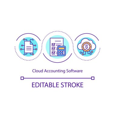 Bulut muhasebe yazılımı konsepti ikonu. Finansmanı kontrol etmek için internet üzerinden dağıtılan yazılım. Teknik fikir ince çizgi çizimi. Vektör izole edilmiş RGB renk çizimi. Düzenlenebilir vuruş