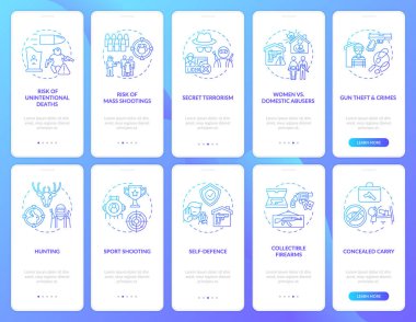 Silah kontrolü koyu mavi, mobil uygulama sayfası ekranında konseptlerle. Silah kullanımı riskler ve tehlike geçişi. 5 adımlık grafik talimatlar. RGB renk resimleriyle UI vektör şablonu