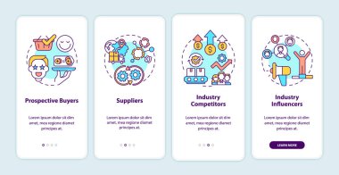 Mobil uygulama sayfası ekranında kavramlarla birlikte oluşturulan katılımcılar. Muhtemel alıcılar, tedarikçiler 4 aşamalı grafik talimatları gözden geçiriyorlar. RGB renk resimleriyle UI vektör şablonu