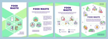 Yiyecek atığı broşürü. Restoranlarda yemek artıkları. Broşür, broşür, broşür baskısı, doğrusal simgelerle kaplama tasarımı. Dergiler için vektör planları, yıllık raporlar, reklam posterleri