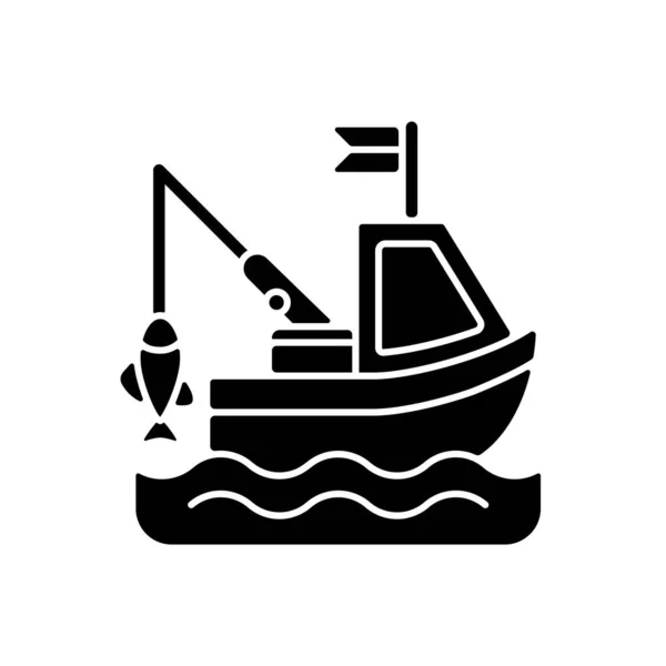 Boot Vissen Zwarte Glyph Pictogram Commerciële Visserij Vers Zeevoedsel Vergunning — Stockvector