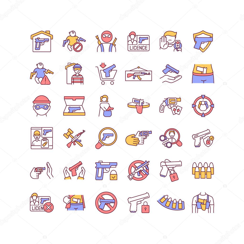 Gun control RGB color icons set. Weapon license. Firearms regulation ownership. Background check. Criminal record. Violence prevention. Self defense. Unintentional death. Isolated vector illustrations