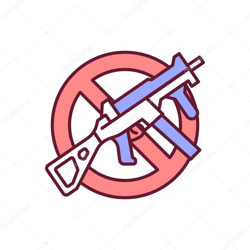 Ban assault rifles RGB color icon. Gun control. Violence prevention. Military firearms restriction. Shooting danger, ensure security. Forbidden gun ownership. Isolated vector illustration